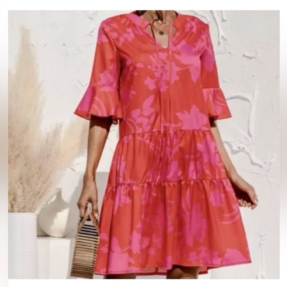 NWT Qincao Floral Red and Pink Women's Dress, Size L